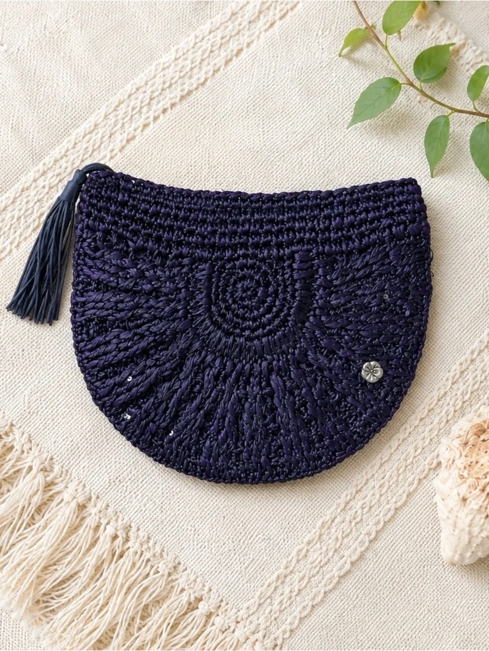 Flora Bella Raffia Clutch Bag Purple Half Circle Full Zip Tassel Travel Vacation